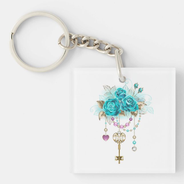 Turquoise Roses with Keys Key Ring (Front)