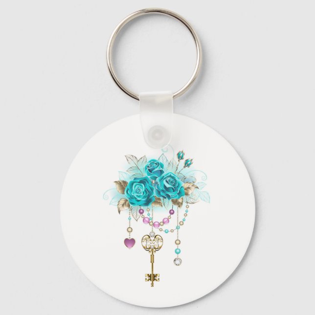 Turquoise Roses with Keys Key Ring (Front)