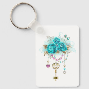 Turquoise Roses with Keys Key Ring
