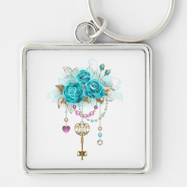 Turquoise Roses with Keys Key Ring (Front)