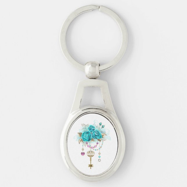 Turquoise Roses with Keys Key Ring (Front)