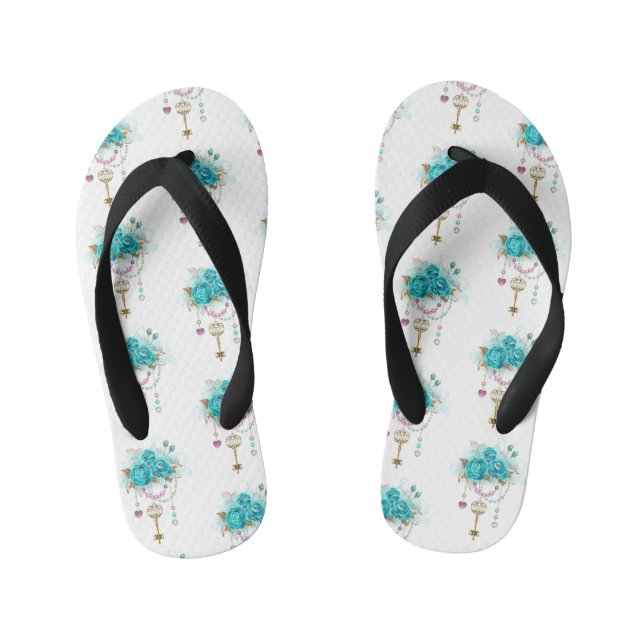 Turquoise Roses with Keys Kid's Thongs (Footbed)