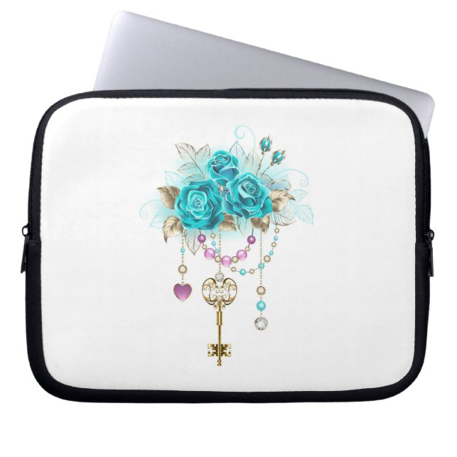 Turquoise Roses with Keys Laptop Sleeve (Front)