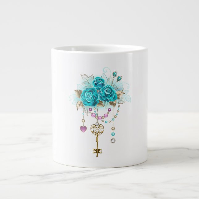 Turquoise Roses with Keys Large Coffee Mug (Front)