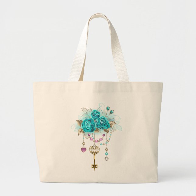 Turquoise Roses with Keys Large Tote Bag (Front)