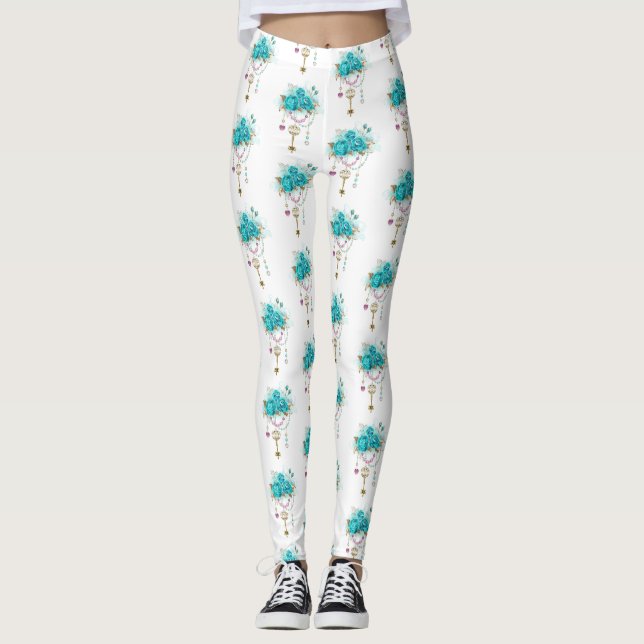 Turquoise Roses with Keys Leggings (Front)