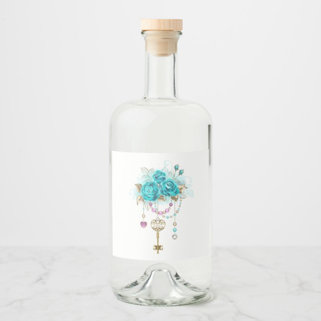 Turquoise Roses with Keys Liquor Bottle Label (Front)
