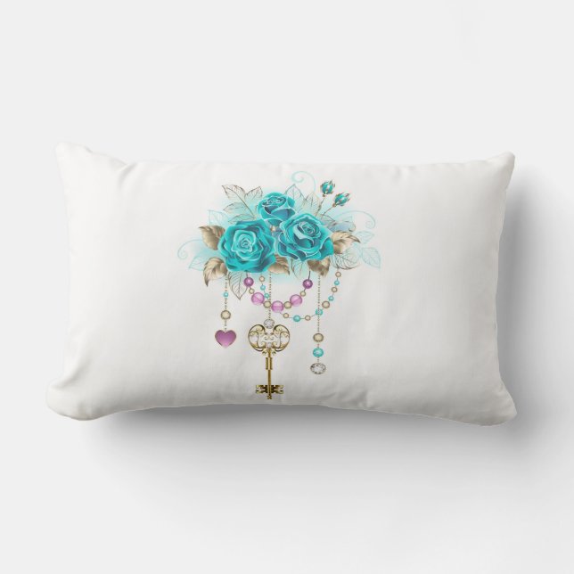 Turquoise Roses with Keys Lumbar Cushion (Front)