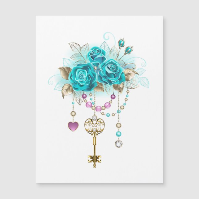 Turquoise Roses with Keys Magnetic Invitation (Front)