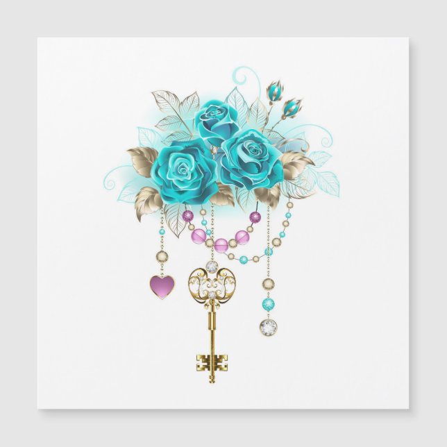 Turquoise Roses with Keys Magnetic Invitation (Front)