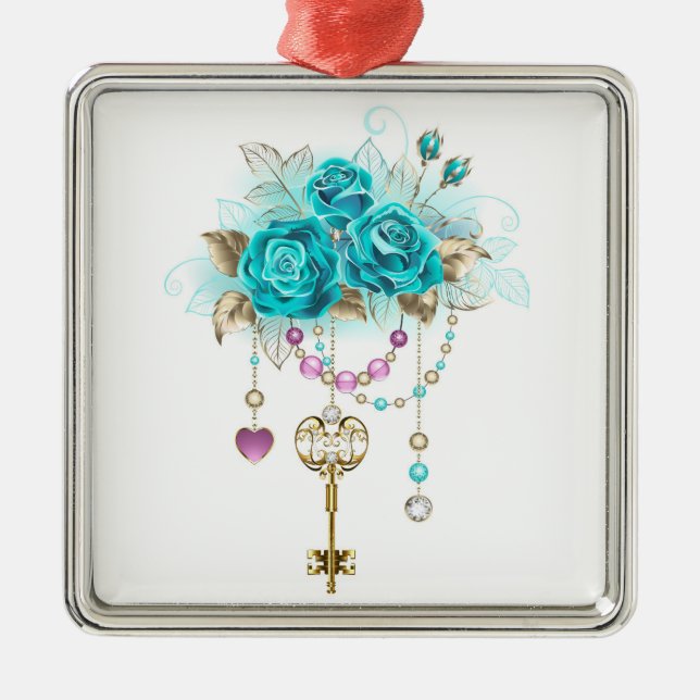 Turquoise Roses with Keys Metal Ornament (Front)