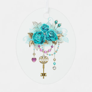 Turquoise Roses with Keys Metal Tree Decoration