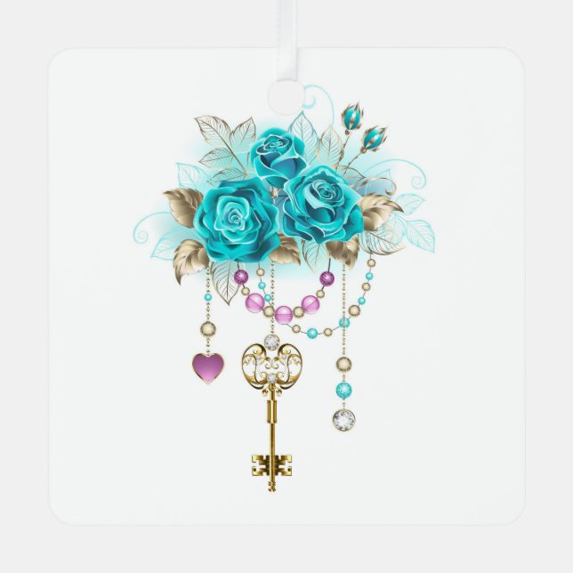 Turquoise Roses with Keys Metal Tree Decoration (Front)