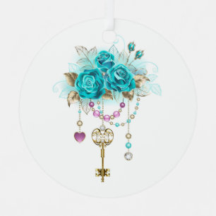 Turquoise Roses with Keys Metal Tree Decoration
