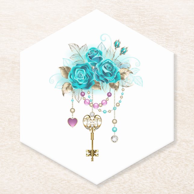 Turquoise Roses with Keys Paper Coaster (Front)