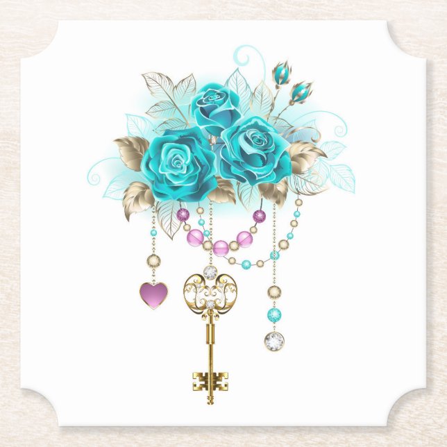 Turquoise Roses with Keys Paper Coaster (Front)