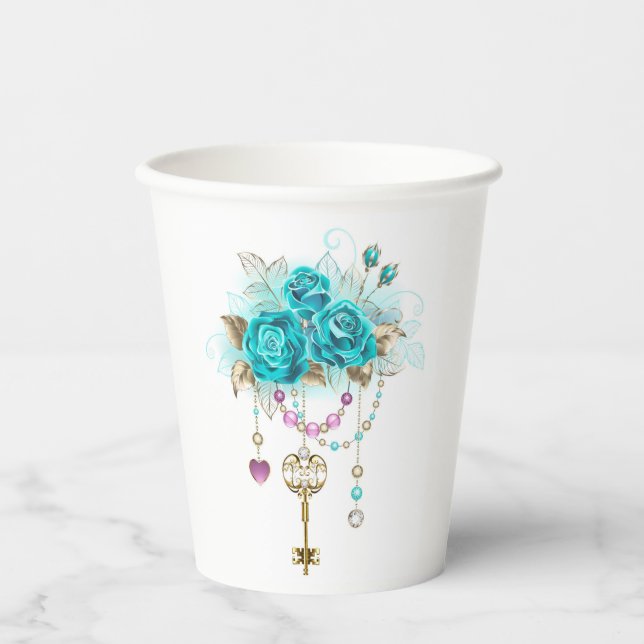 Turquoise Roses with Keys Paper Cups (Front)