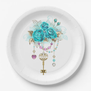 Turquoise Roses with Keys Paper Plate