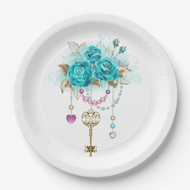 Turquoise Roses with Keys Paper Plate (Front)
