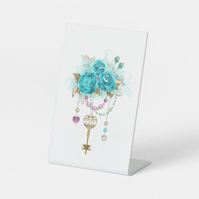 Turquoise Roses with Keys Pedestal Sign (Front)