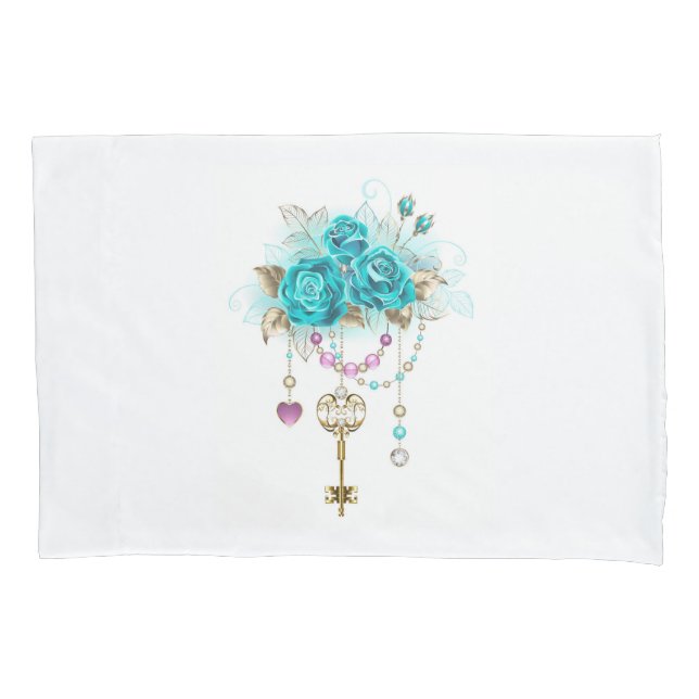 Turquoise Roses with Keys Pillowcase (Front)