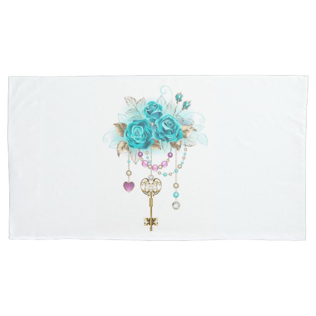 Turquoise Roses with Keys Pillowcase (Front-Left)
