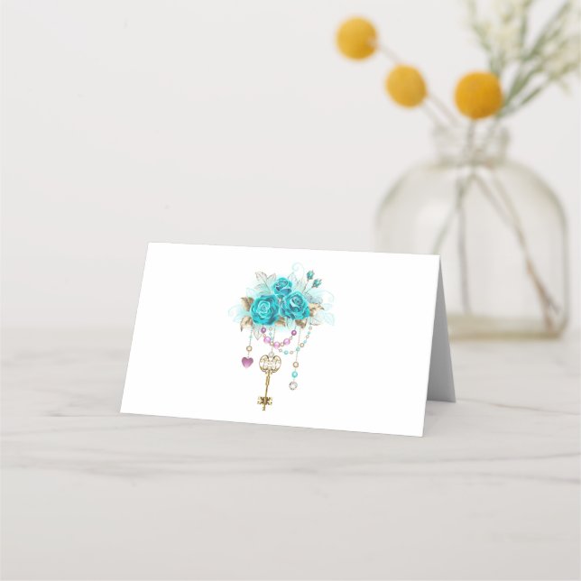 Turquoise Roses with Keys Place Card (Front)
