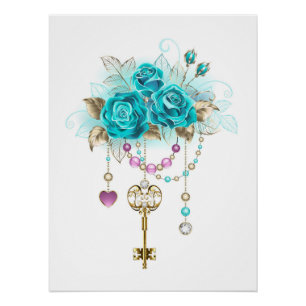 Turquoise Roses with Keys Poster