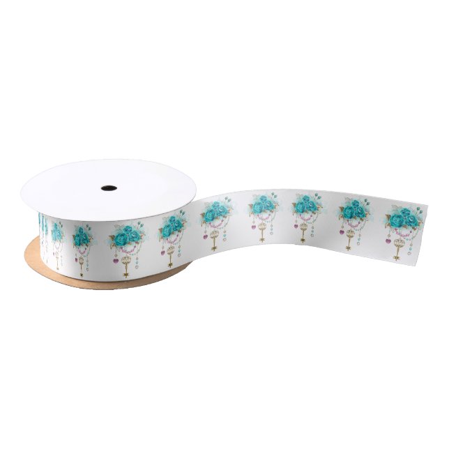 Turquoise Roses with Keys Satin Ribbon (Spool)