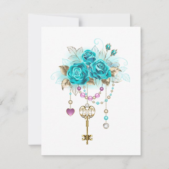 Turquoise Roses with Keys Save The Date (Front)