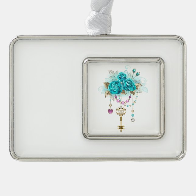 Turquoise Roses with Keys Silver Plated Framed Ornament (Front)