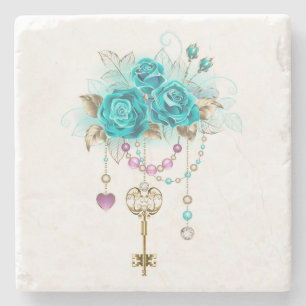 Turquoise Roses with Keys Stone Coaster