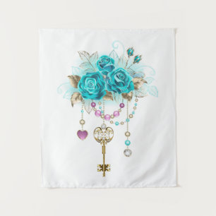 Turquoise Roses with Keys Tapestry