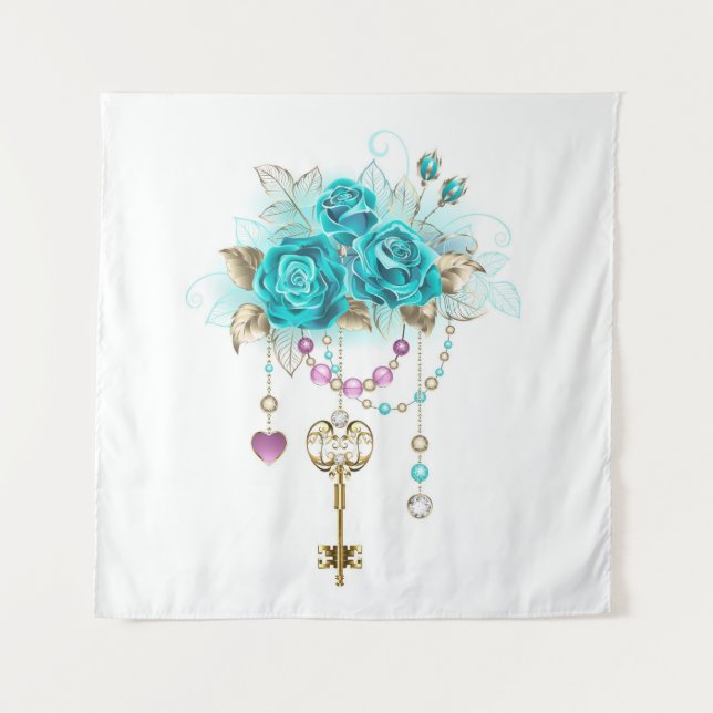 Turquoise Roses with Keys Tapestry (Front)