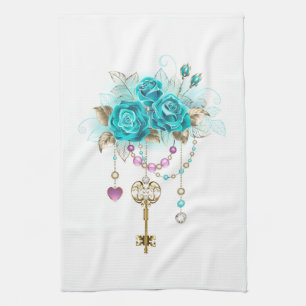 Turquoise Roses with Keys Tea Towel