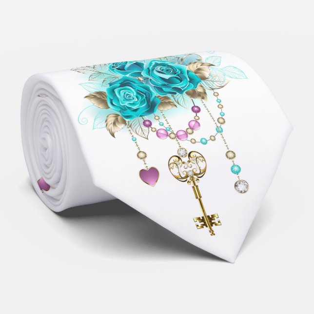 Turquoise Roses with Keys Tie (Rolled)
