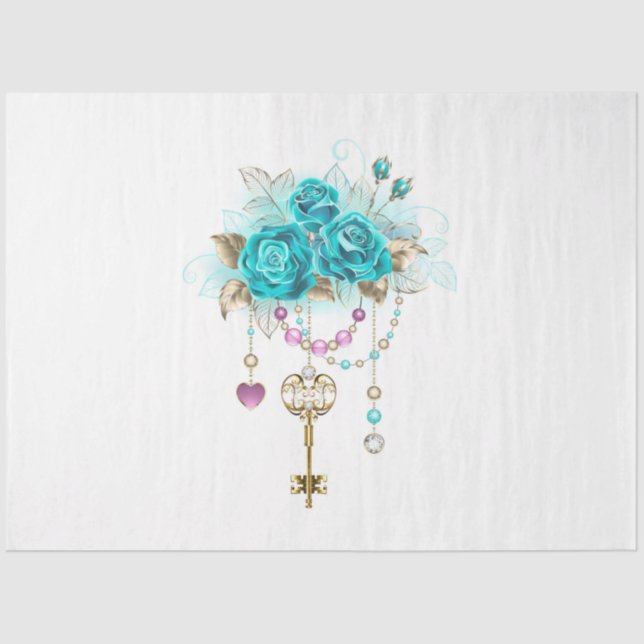 Turquoise Roses with Keys Tissue Paper (Front)