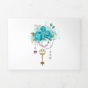 Turquoise Roses with Keys Tri-Fold Announcement