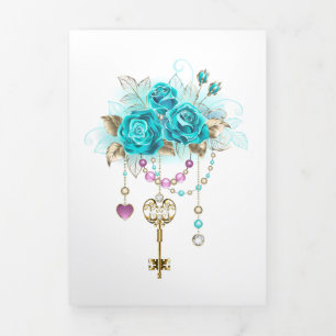 Turquoise Roses with Keys Tri-Fold Announcement