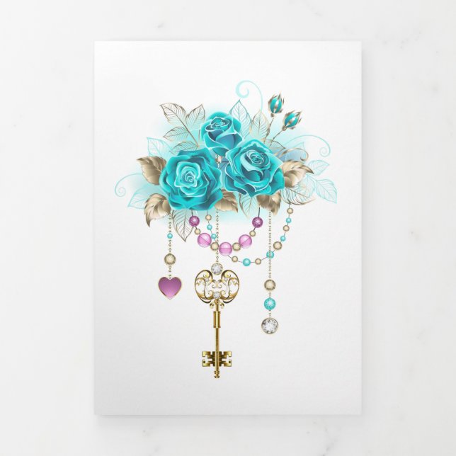 Turquoise Roses with Keys Tri-Fold Announcement (Cover)
