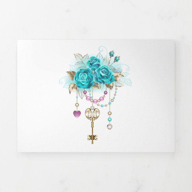 Turquoise Roses with Keys Tri-Fold Card (Cover)