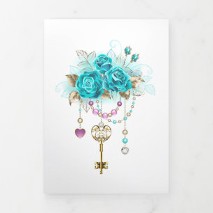 Turquoise Roses with Keys Tri-Fold Invitation