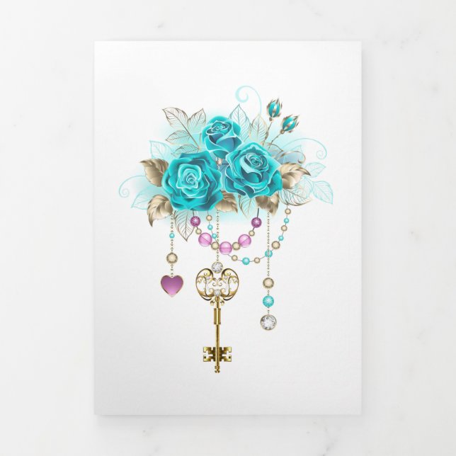 Turquoise Roses with Keys Tri-Fold Invitation (Cover)