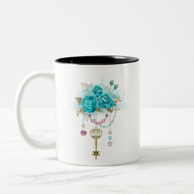 Turquoise Roses with Keys Two-Tone Coffee Mug (Left)