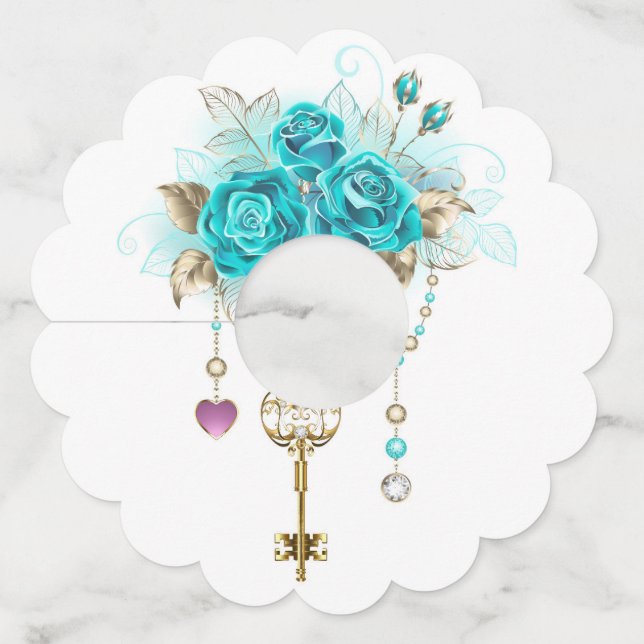 Turquoise Roses with Keys Wine Glass Tag (Front)