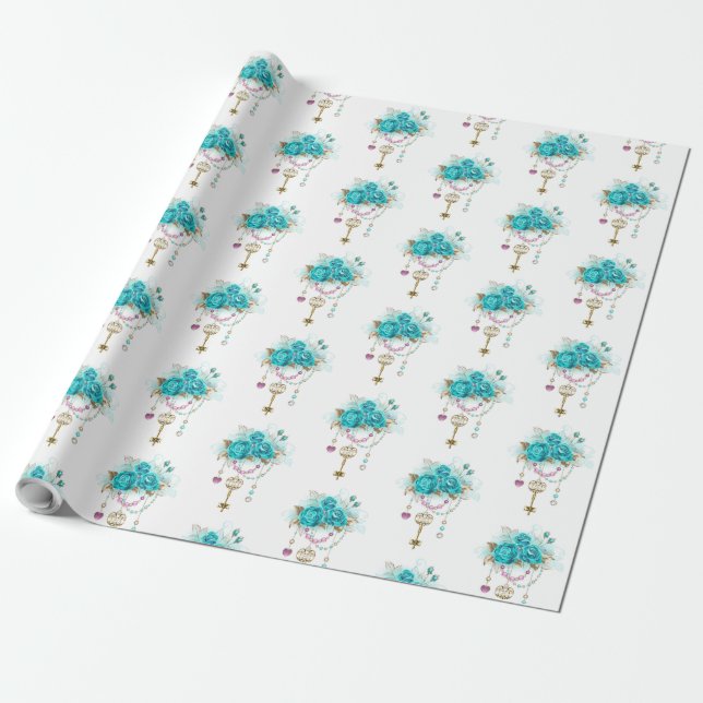 Turquoise Roses with Keys Wrapping Paper (Unrolled)