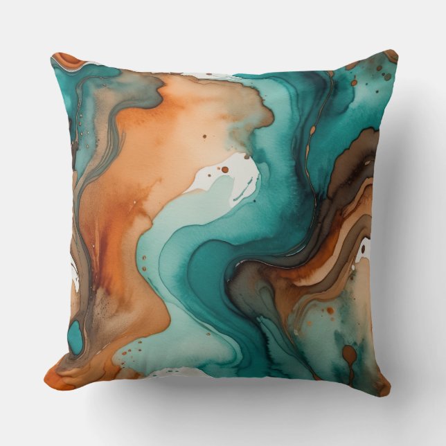Turquoise, rust and black watercolor abstract cushion (Front)