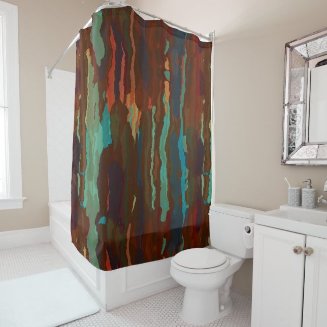 Turquoise, Rust and Blue Abstract Shower Curtain (In Situ)