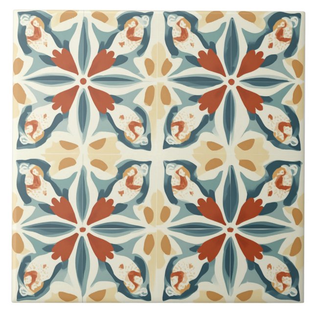 Turquoise, Rust and Yellow Ceramic Tile (Front)