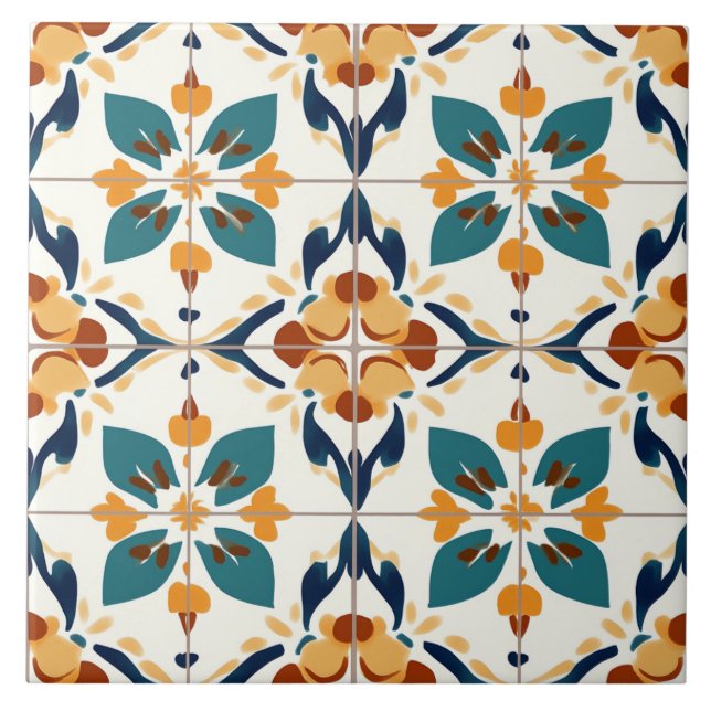 Turquoise, Rust and Yellow Ceramic Tile (Front)